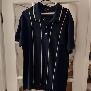 Todd Snyder Navy Polo with Cream Vertical Stripes